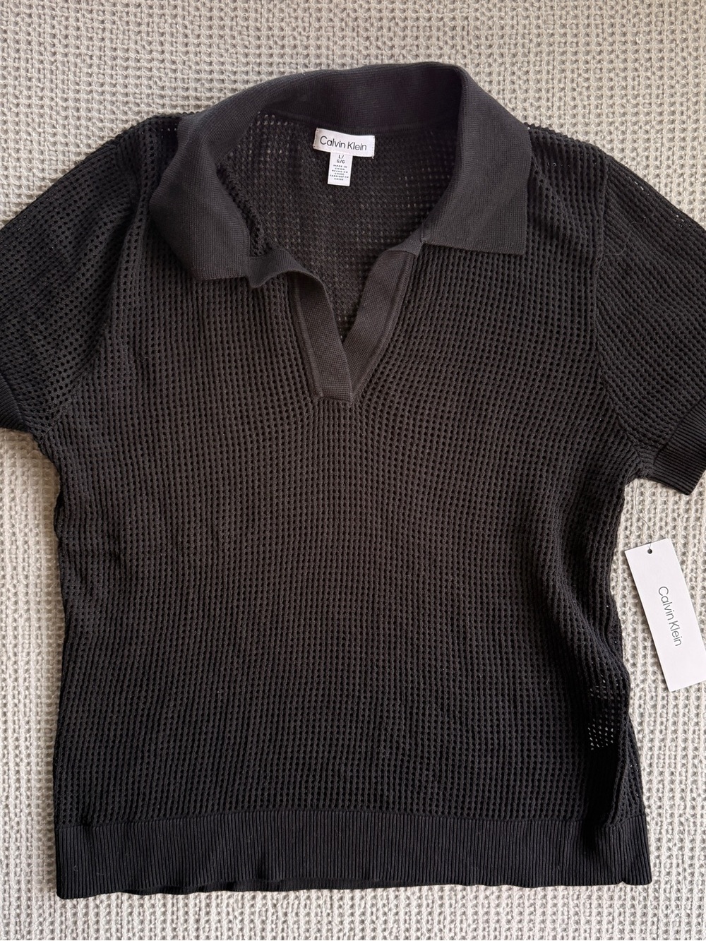 Calvin Klein Black Open-Knit Polo Tee